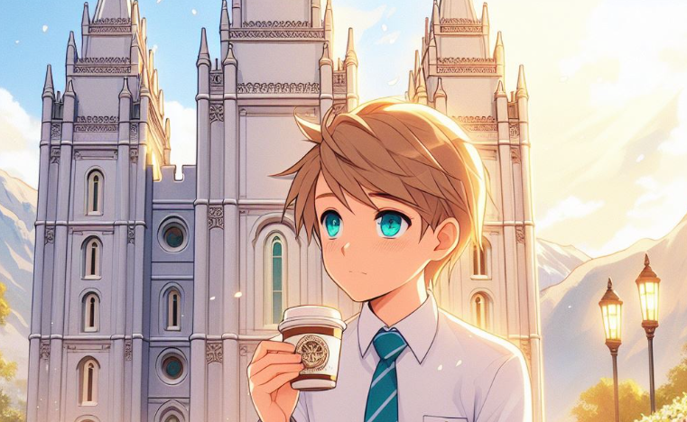 mormon tomando cafe en en frente del templo